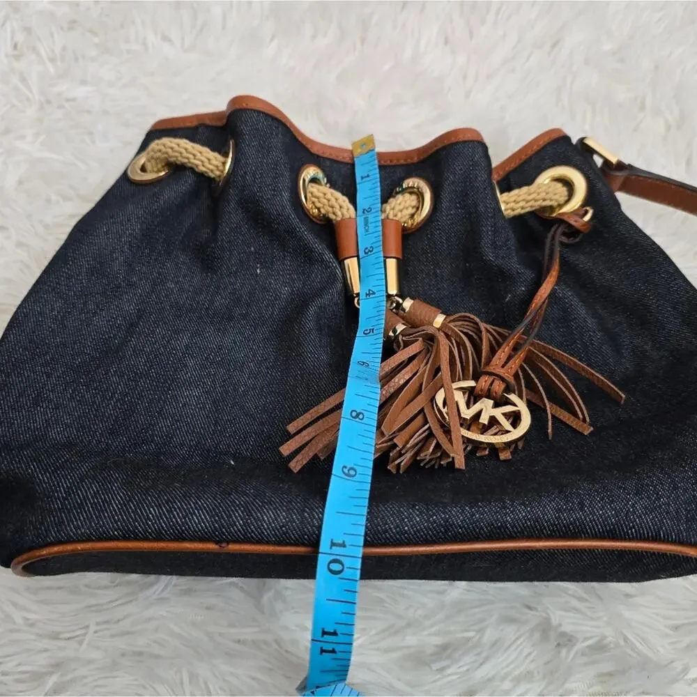 Michael Kors Blue Denim Designer Hobo Handbag With Brown Leather Tassels